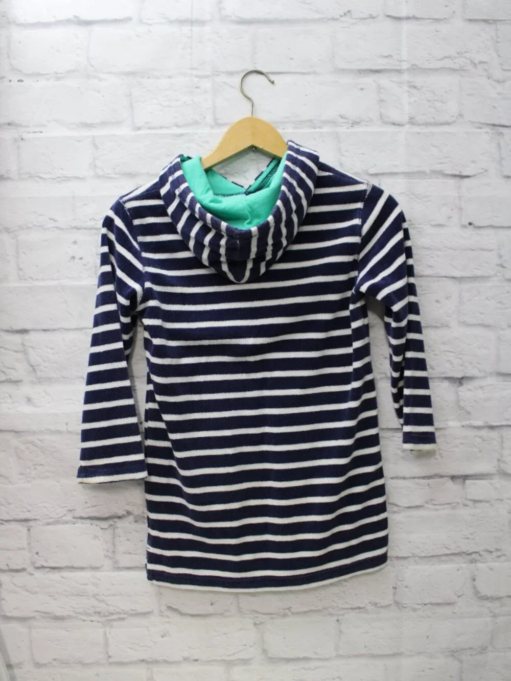 Mini Boden Girls Navy Striped Terry Cloth Hoodie Cover Up 7-8Y Summer Pool Beach